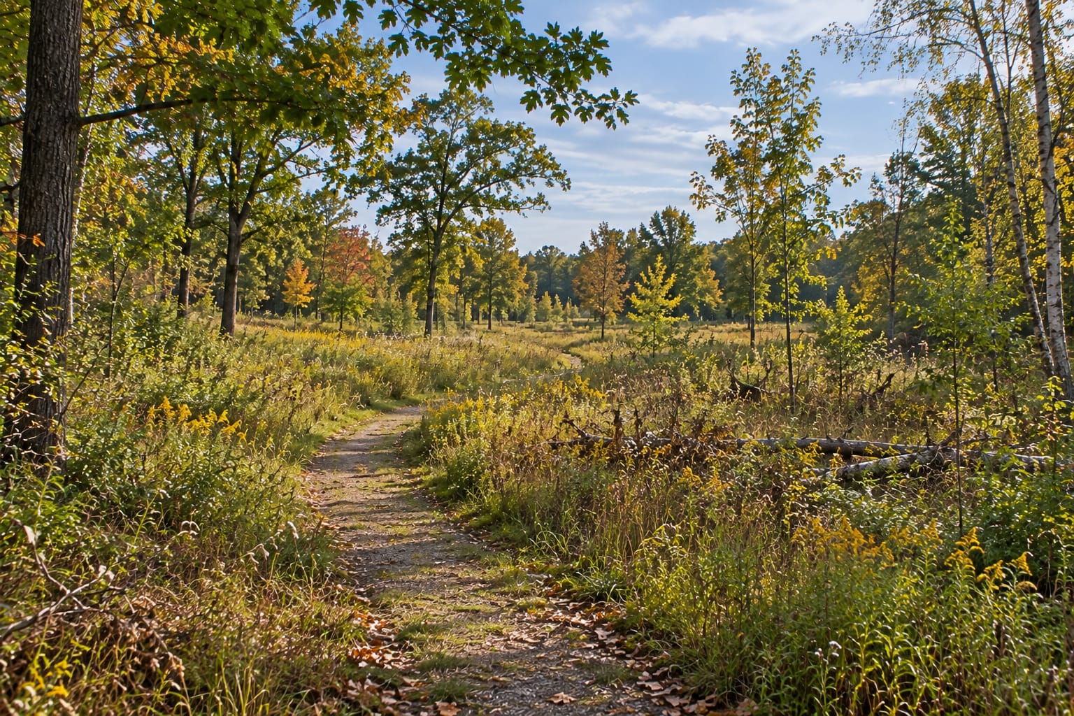 A trail through grassland and young trees in autumn